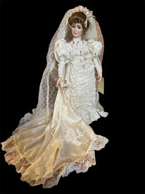 Bride porcelain doll long train with stand